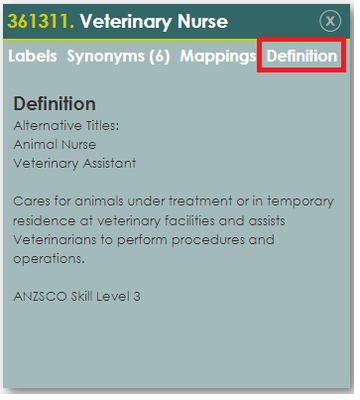 The definition tab of an occupation within the Statistics New Zealand ANZSCO tool. The definition tab is highlighted here with a red rectangle.