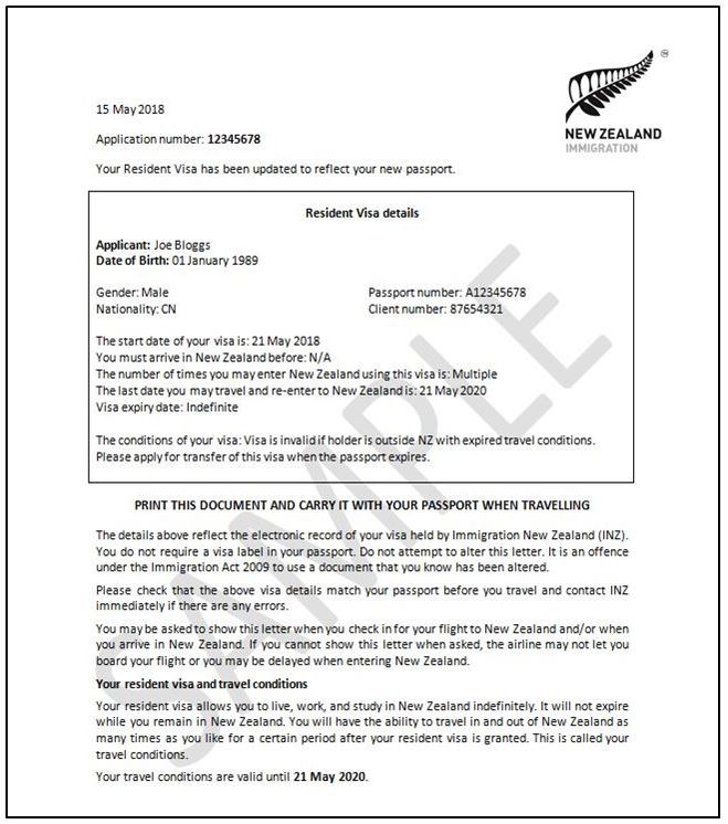 An example of a Resident Visa eVisa